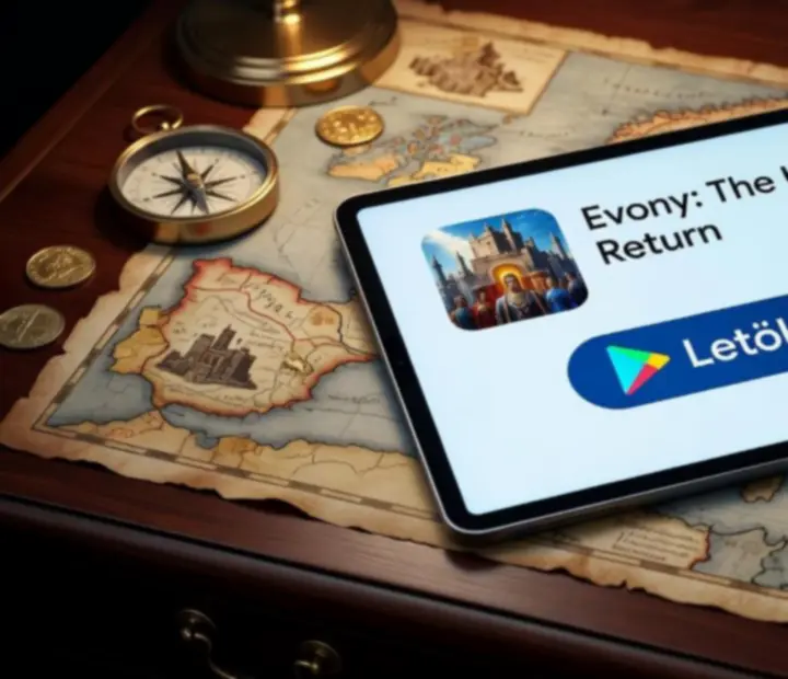 Mobiltelefon képernyőjén az Evony letöltési oldala